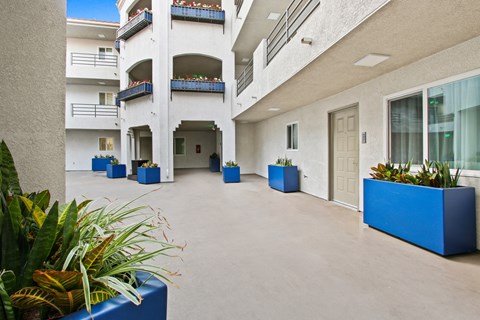 a large white building with blue planters on the outside